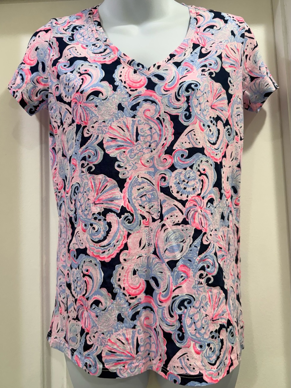 Lilly Pulitzer Etta V-Neck High Tide Navy It's For Shore Top T-Shirt Large